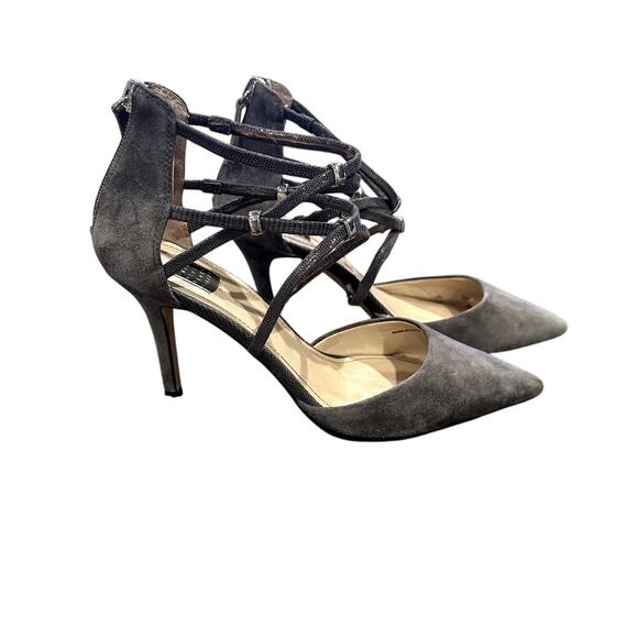 White House Black Market Gray Suede Back Zip Size 7 Excellent Condition 3" Heals - Picture 2 of 8